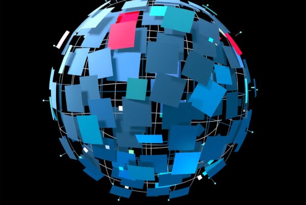 A digital sphere composed of interconnected blue geometric shapes against a black background, symbolizing technology and connectivity.