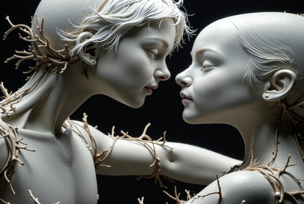 Sculpture of two women entwined with branches symbolizing nature's embrace and inner peace