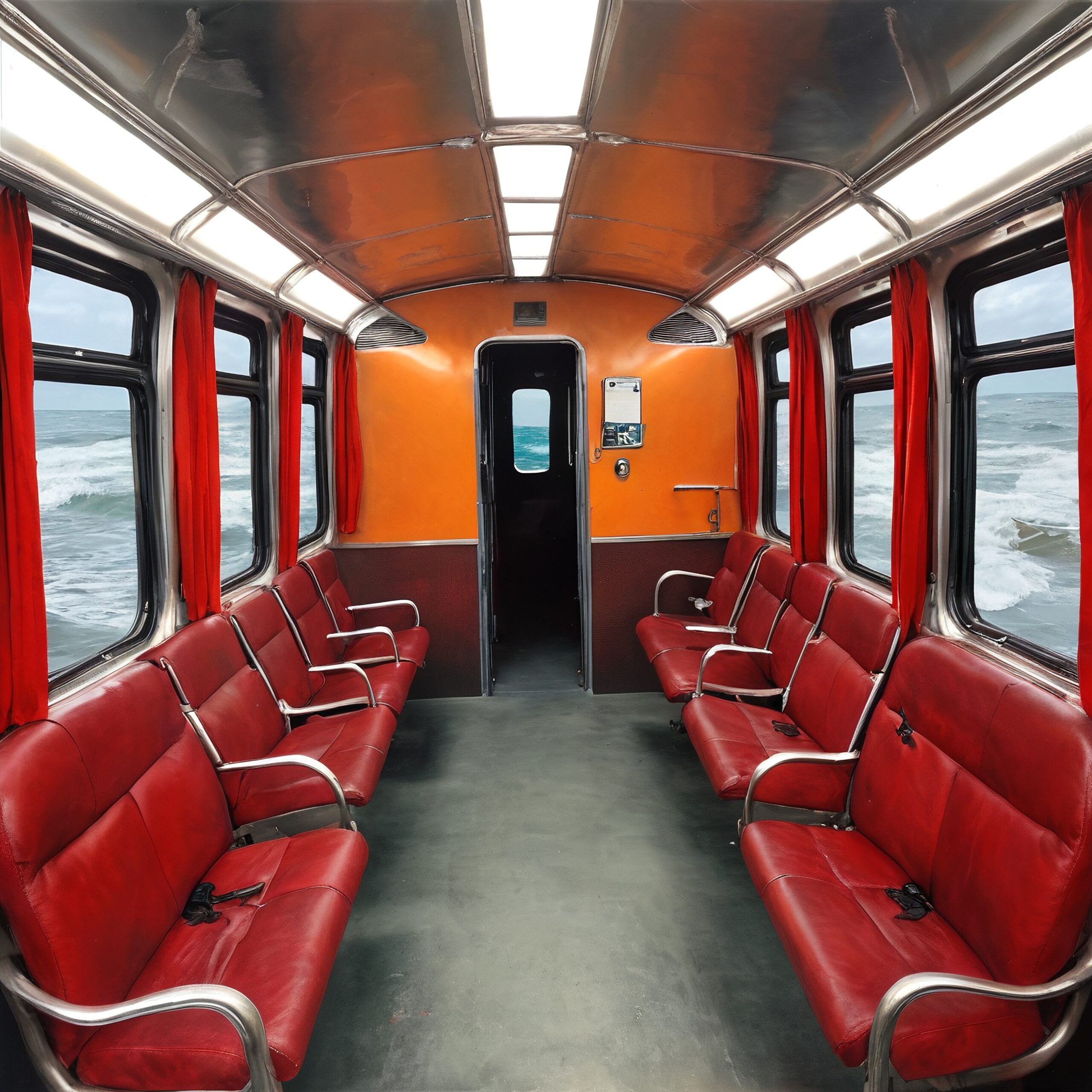 Vibrant train interior with ocean