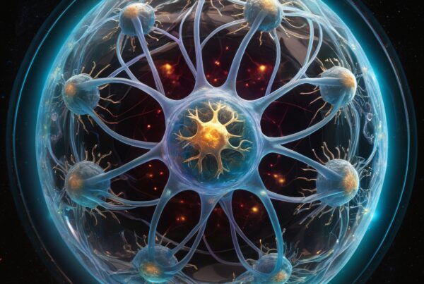 Spherical structure with glowing core, surrounded by delicate blue filaments, resembling a cosmic organism.