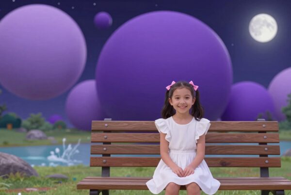 A smiling girl in a white dress sits on a bench in a whimsical park with floating purple spheres and a bright full moon.