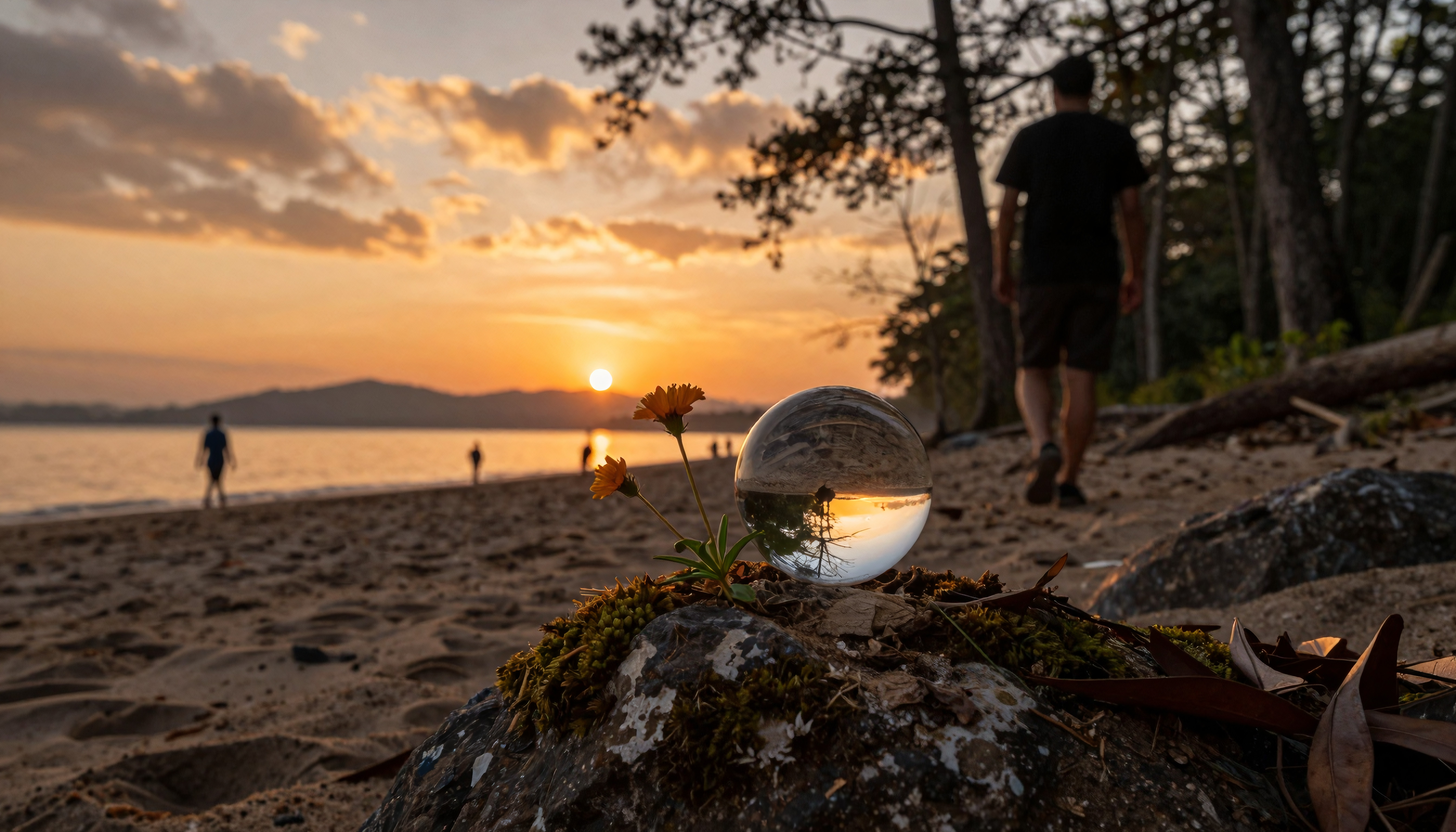 Sunset Beach Landscape with Glass Sphere