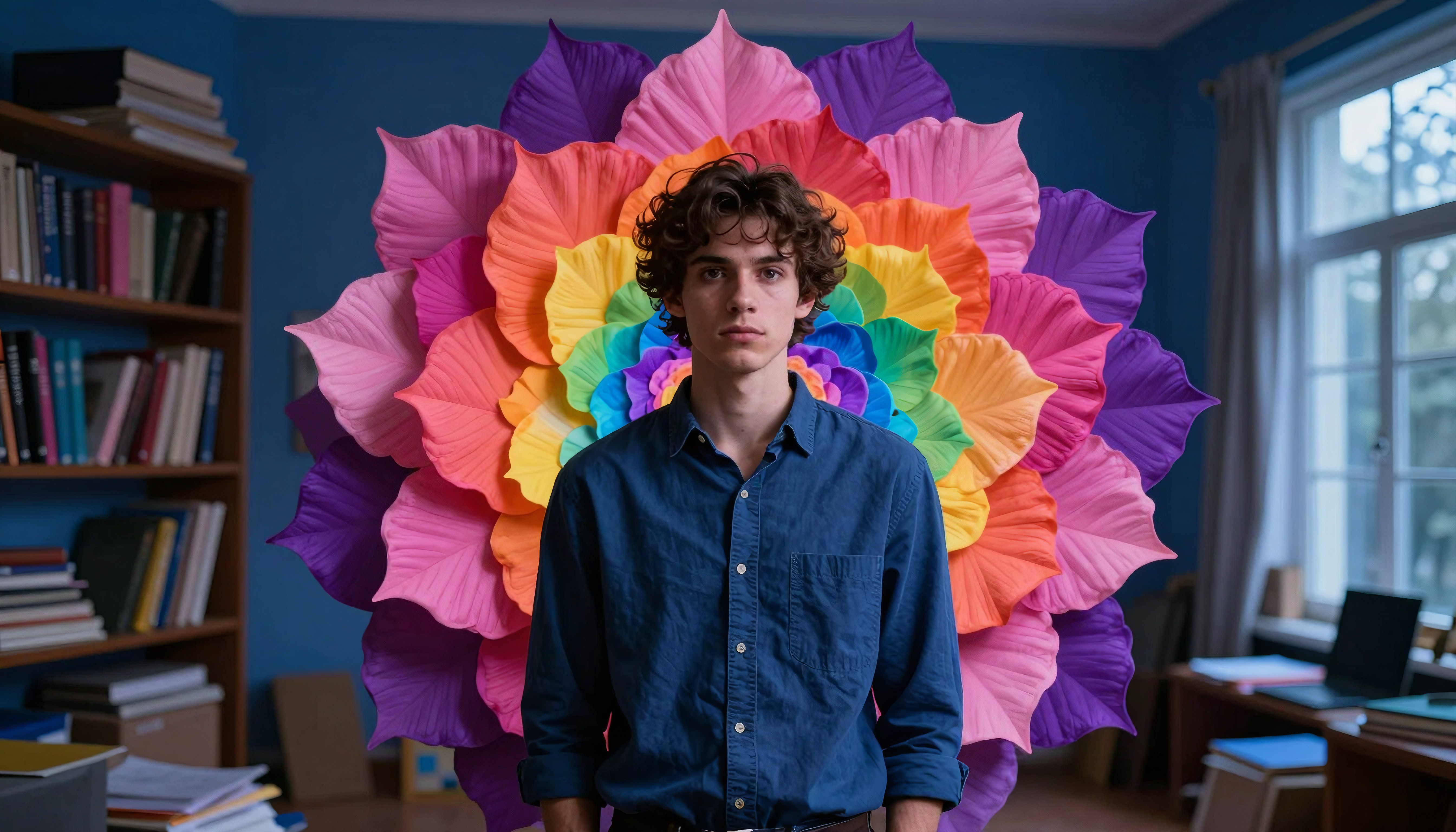 Young man with vibrant rainbow flower