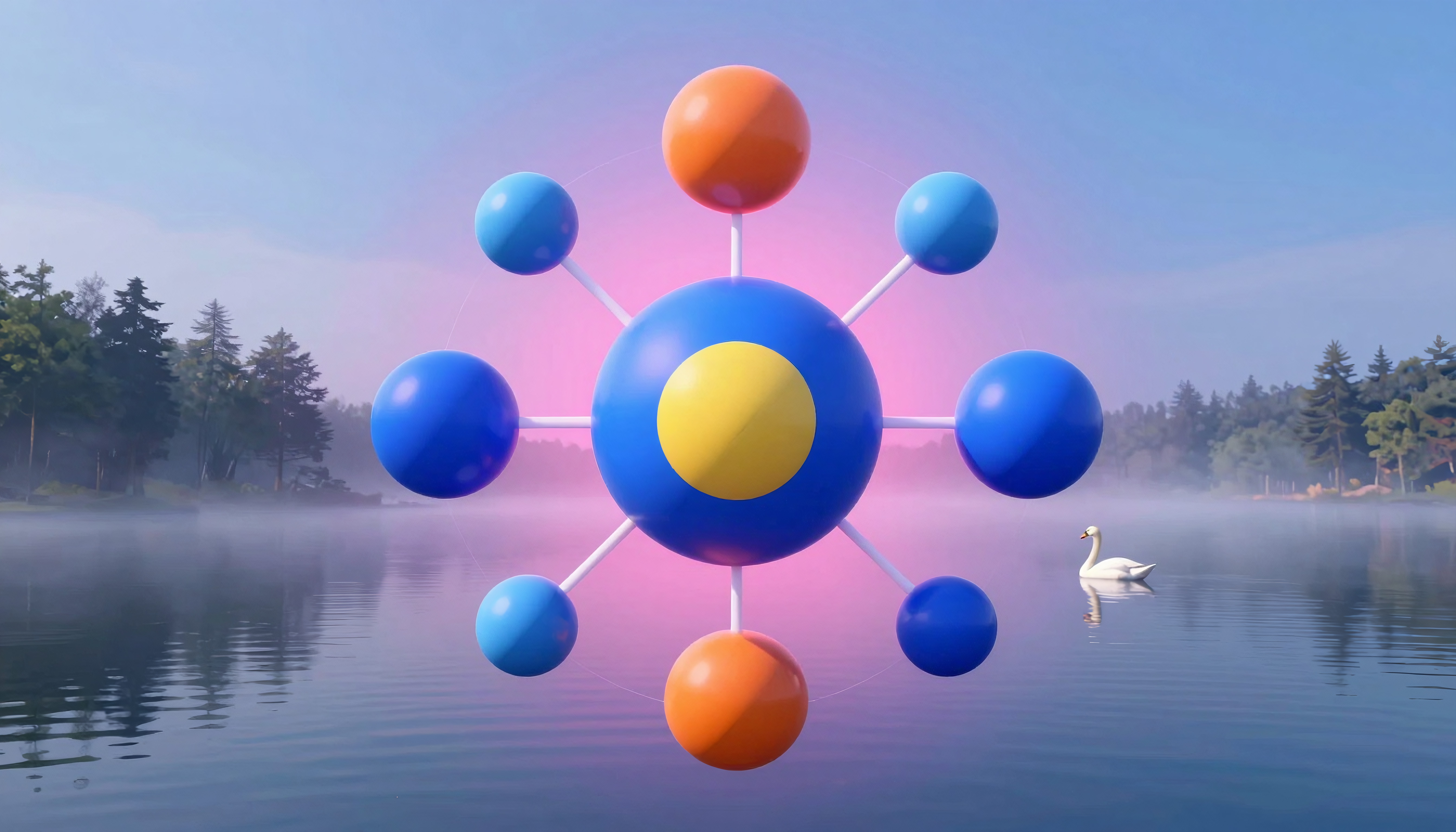 Molecular Structure Over Serene Lake with Swan