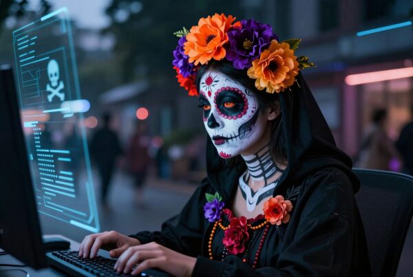 A woman in Day of the Dead makeup works at a computer with a digital interface.