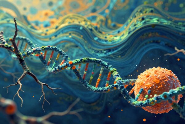 Colorful abstract illustration of DNA helix and sphere intertwining with vibrant colors and organic shapes.