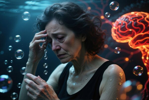 A woman underwater with bubbles, a glowing brain diagram symbolizes mental health challenges.