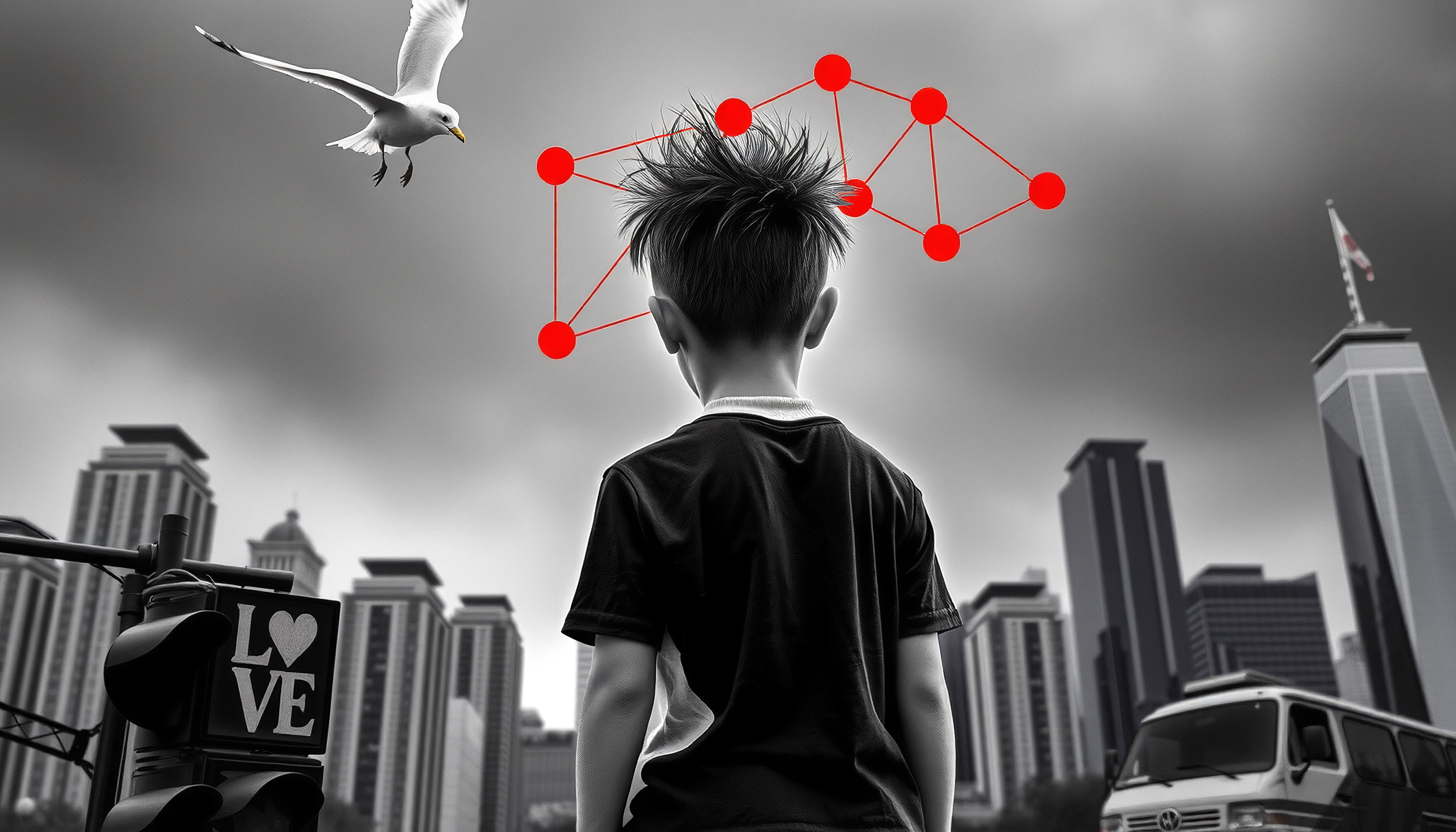 Boy With Neural Network Overhead in Cityscape