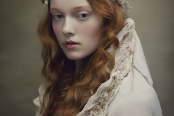 A red-haired woman wearing a delicate floral crown and lace garment in a soft-focus portrait.