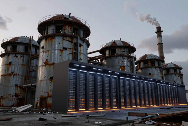 Futuristic server farm amidst decaying industrial complex