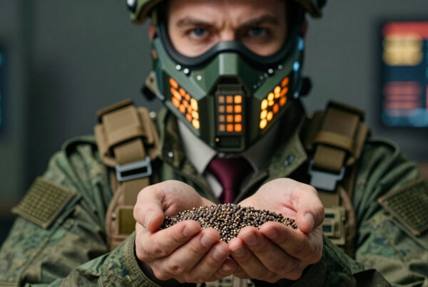 Soldier holds mysterious seeds in futuristic tech-filled bunker