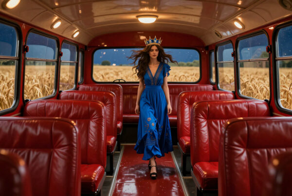 Woman wearing crown and blue dress walking inside retro red bus surrounded by golden wheat fields at nighttime