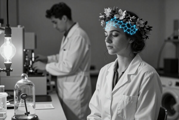 Scientist with glowing neural crown in futuristic lab exploring cognitive enhancements
