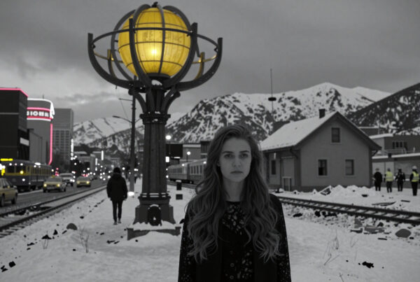Woman standing alone under glowing streetlamp in snowy urban rail station during twilight