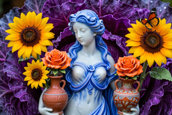 Blue haired goddess statue surrounded by sunflowers and roses with butterflies resting nearby