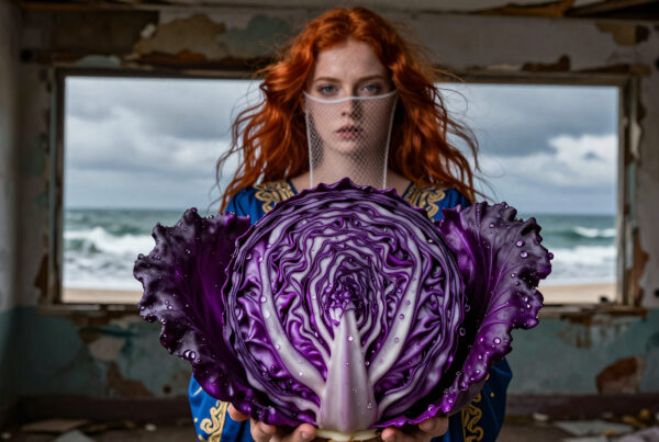 Woman with red hair holding giant purple cabbage inside ruined seaside building