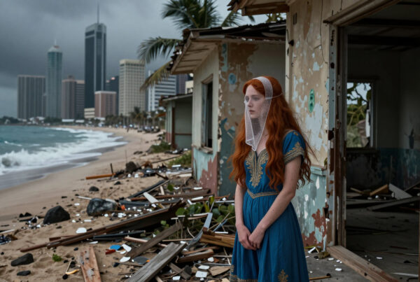 Woman standing alone near ruined beach cottage after natural disaster with dramatic cloudy skies and distant city buildings