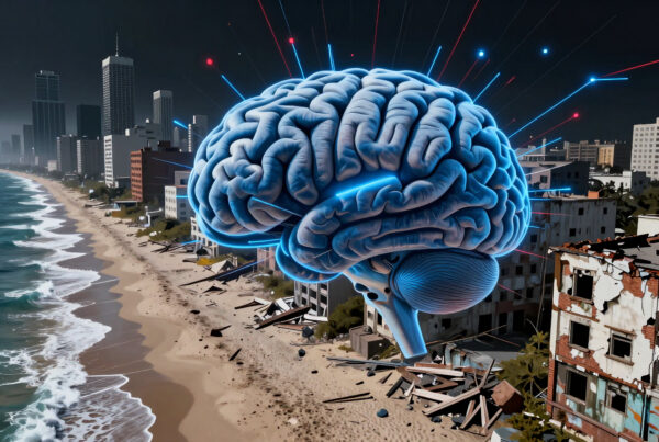 Giant glowing brain hovering over ruined seaside city with lasers connecting to skyscrapers