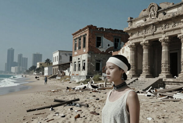 Woman standing amidst ruined beachside buildings overlooking ocean and distant skyline