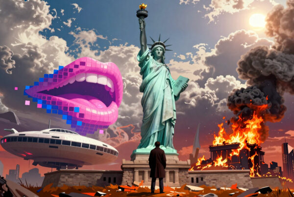 Dystopian artwork featuring Statue of Liberty surrounded by flaming ruins, flying saucer, giant pixelated lips, and solitary observer under dramatic skies.