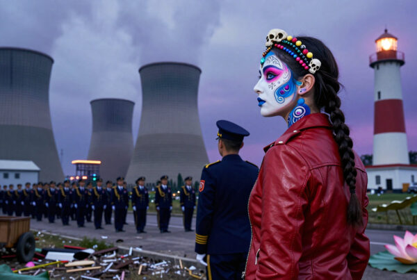 Woman with skull-themed makeup standing before cooling towers and lighthouse during twilight, wearing red leather jacket
