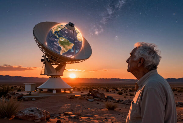 Elderly astronomer observes holographic Earth rising from satellite dish against starlit desert sunset.