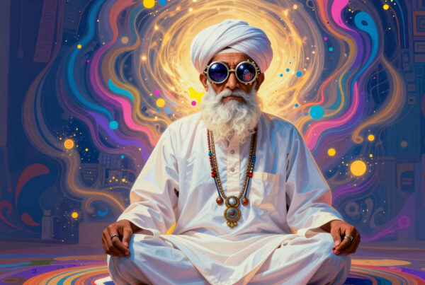 Elderly yogi monk meditating under swirling cosmic colors wearing stylish sunglasses and bead necklace