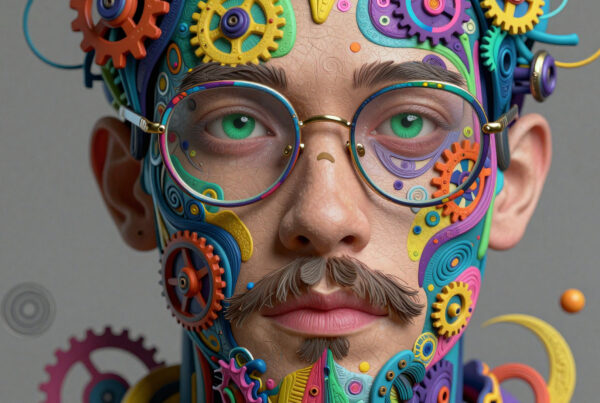 Surreal portrait of man fused with colorful mechanical gears and artistic swirls representing advanced technology and creative thought