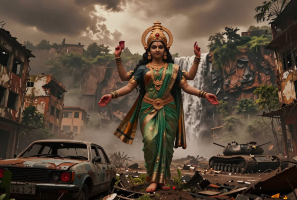 Divine goddess standing among ruined cities and fallen vehicles with waterfall behind