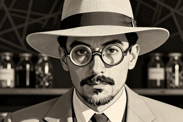 Vintage detective wearing glasses and hat standing behind lab shelves