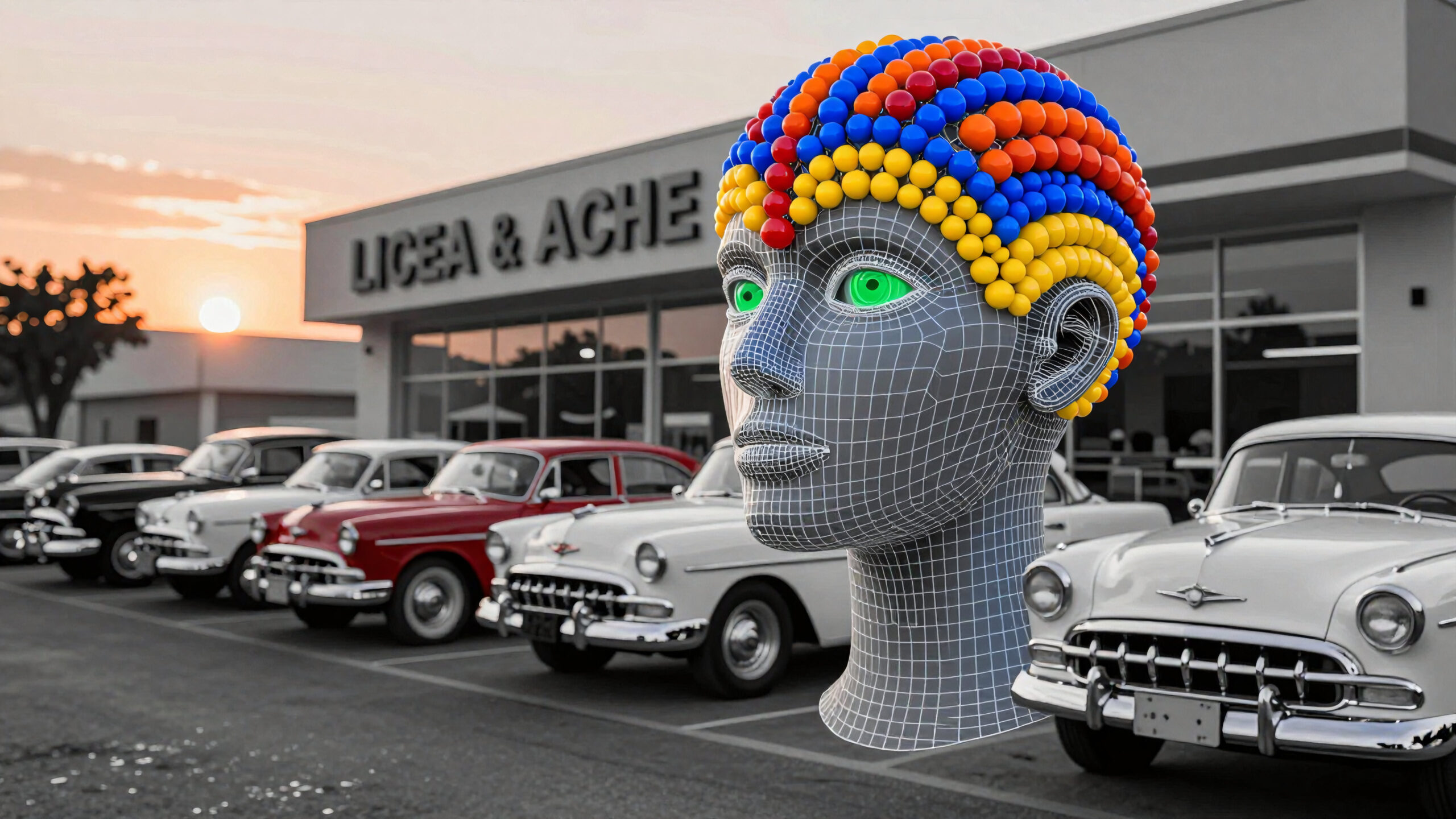 Neon Brain Over Classic Cars