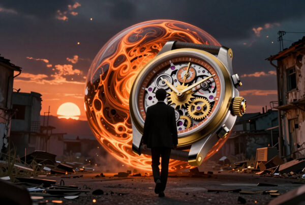 Man walking towards giant glowing futuristic pocket watch amidst ruined post-apocalyptic cityscape during golden hour sunrise sunset