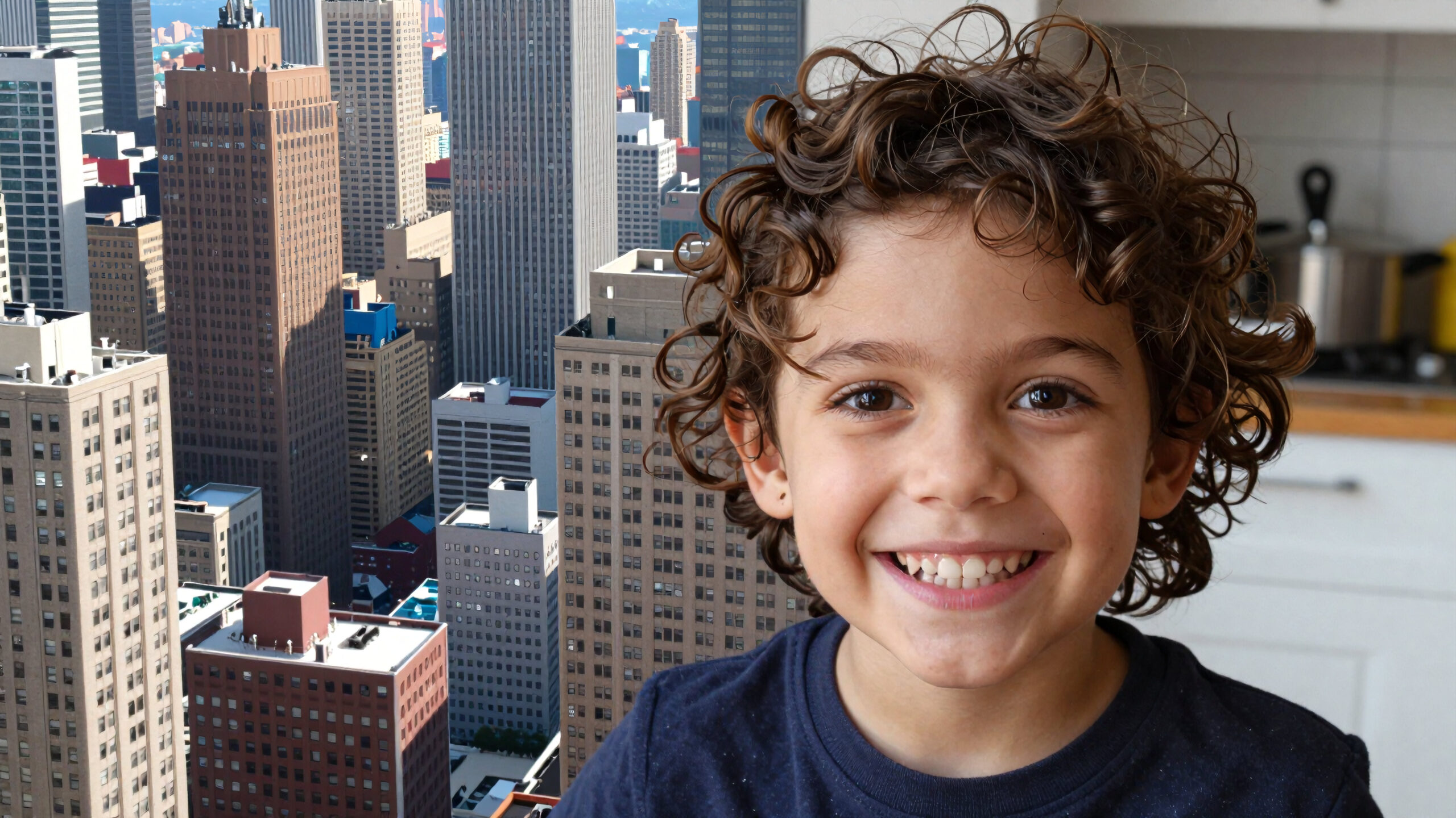 Curly Boy Smiling City View
