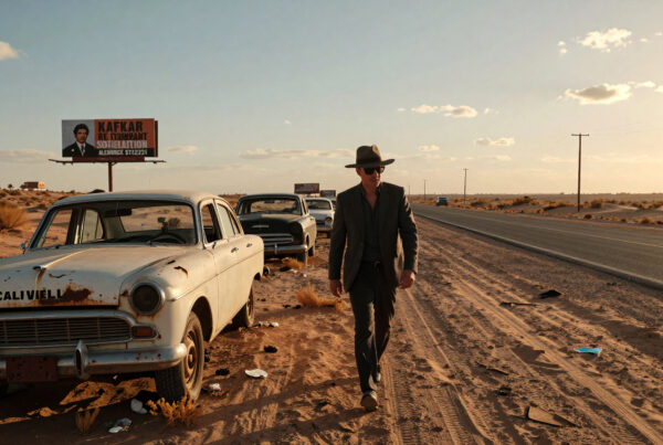 Man walking solo through dusty desert highway near old cars and strange billboard