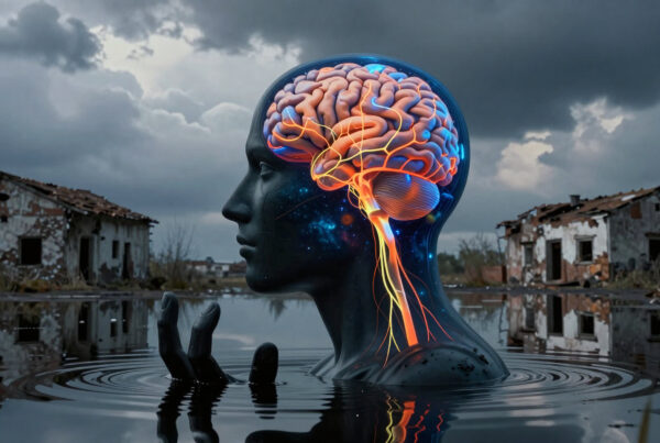 Surreal AI-generated artwork showing glowing brain rising from flooded ruins with broken houses reflected in water
