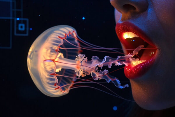 Surreal artwork showing glowing jellyfish inside a person’s open mouth under dramatic lighting.
