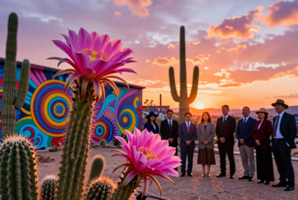 Formally dressed people gather during magical desert sunset amidst blooming cactus and vivid murals.