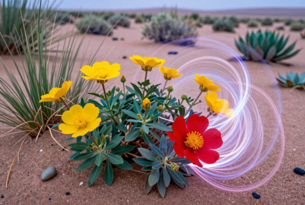 Vibrant desert flowers glowing under swirling light effect