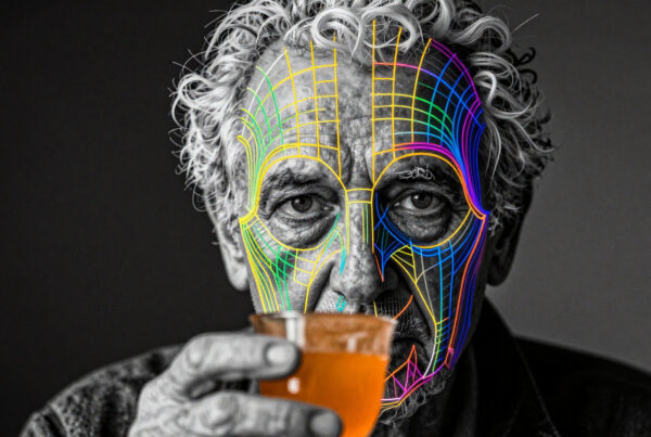 Elderly man drinking tea with colorful digital overlays on half-face