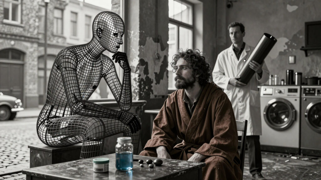 Conceptual Study of Thought and Connection: Man and Wireframe Fi