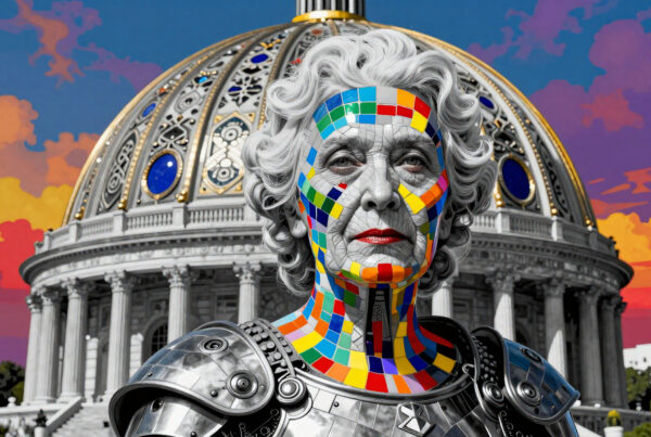 Elderly mosaic-faced warrior stands before domed government building amid dramatic colored skies