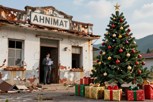 Abandoned train station decorated with Christmas tree and presents during holidays
