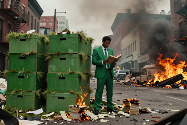 Man in Green Suit Reading Book While City Burns Around Him