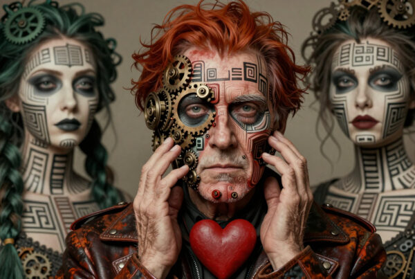 Steampunk artist wearing mechanical face gear holding heart surrounded by robotic goddesses