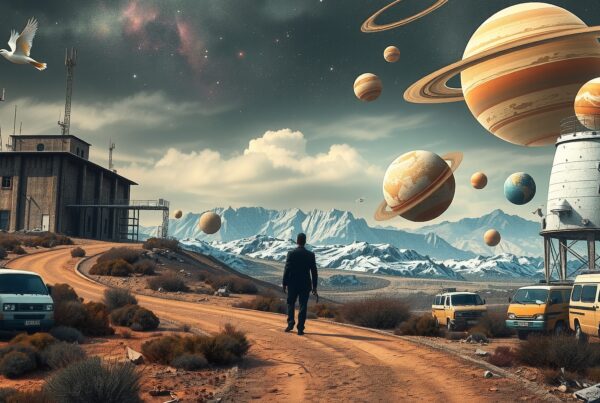 A mysterious traveler walks a winding road surrounded by floating planets against a backdrop of snowy mountains and vintage vehicles.