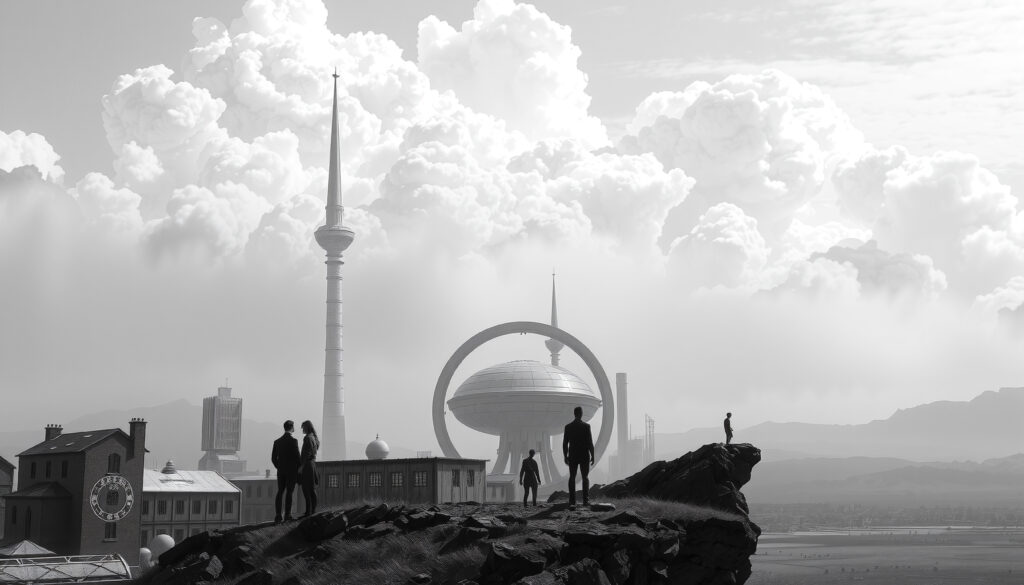 Silhouettes of people against famous landmarks under dramatic, b
