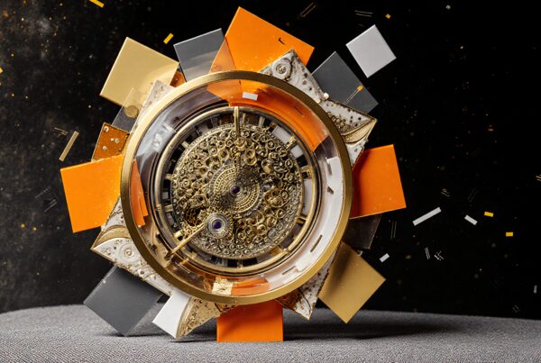 Intricately designed circular timepiece with geometric accents and golden details against a cosmic backdrop.