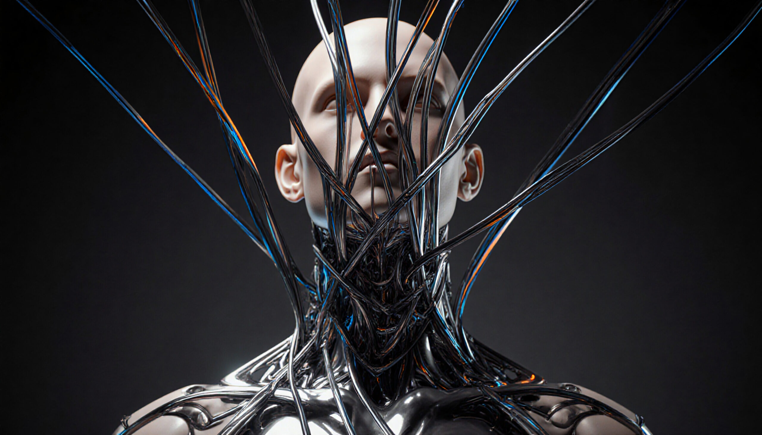 Futuristic Head and Stream of Data Cables