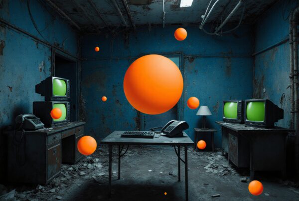 A dilapidated room with vintage tech and surreal floating orange spheres evokes nostalgia.