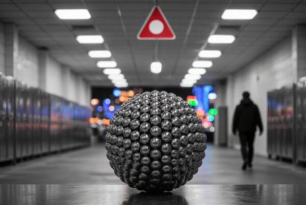 A spherical object in a corridor with lockers, blurred background, and overhead lights.